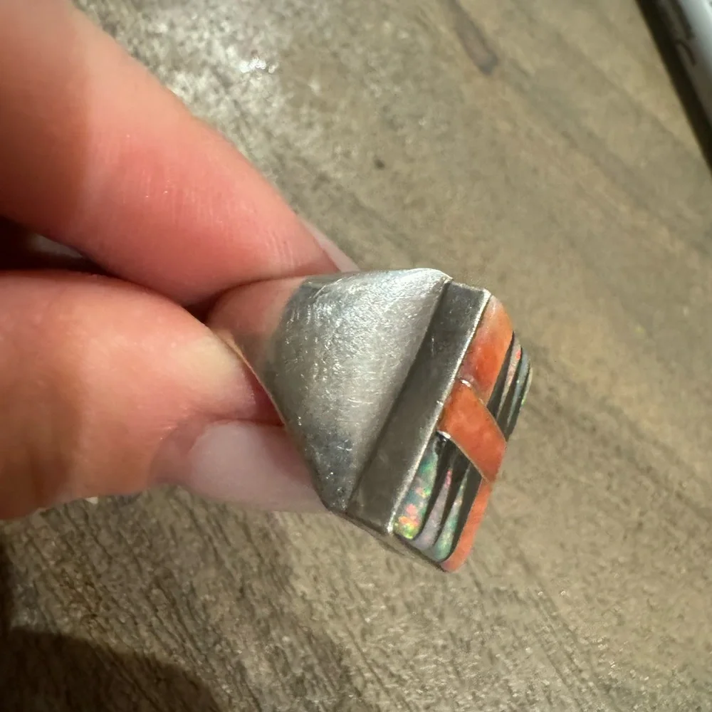 Vintage Native American RS Signed 925 Sterling Opal Inlay Ring 10.2g Sz 10.25 - Picture 6 of 9